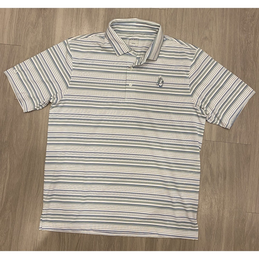 Ahead Performance Men's Large L Bird Golf‎ Blue Green Striped Polo Shirt